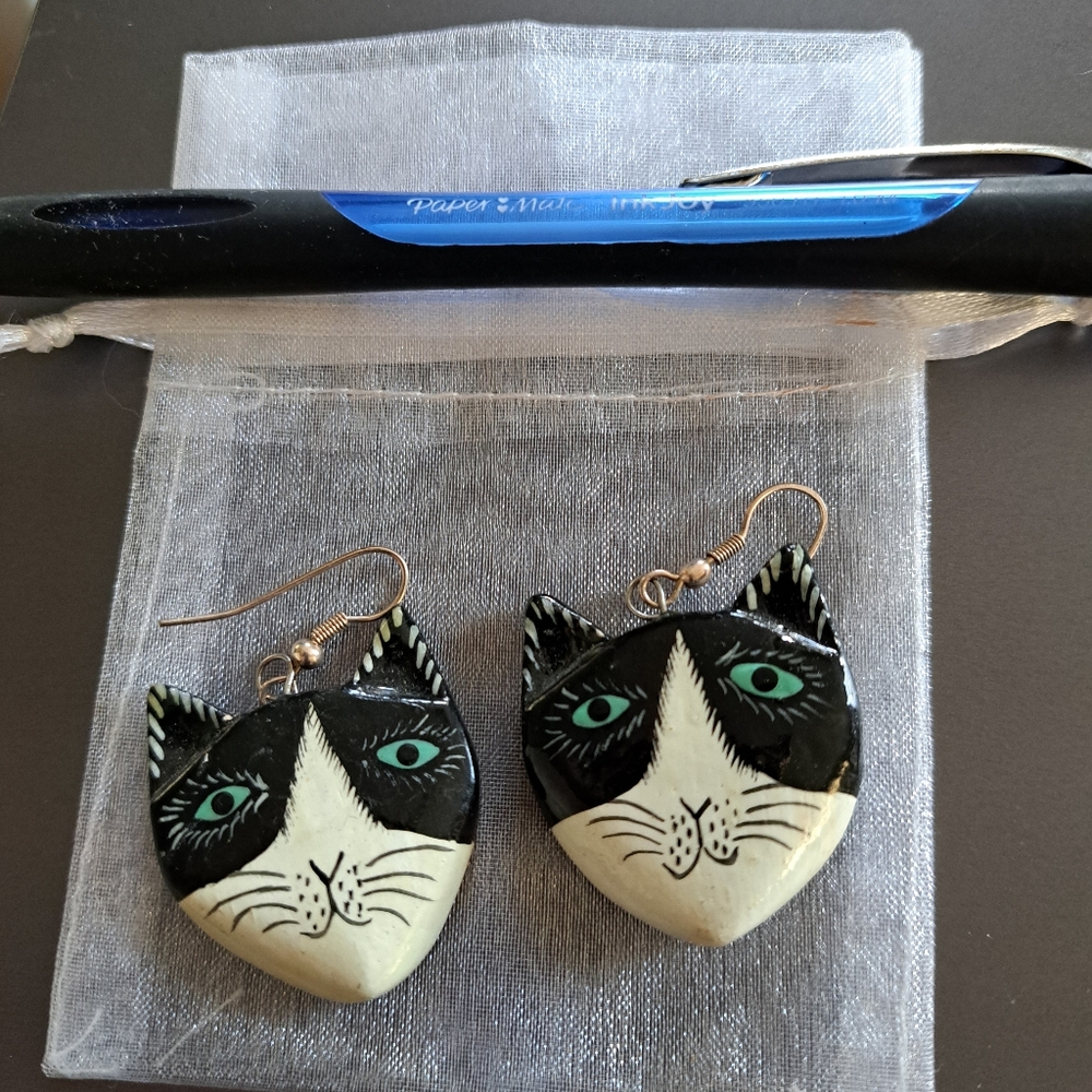 Vintage wooden painted cat earrings